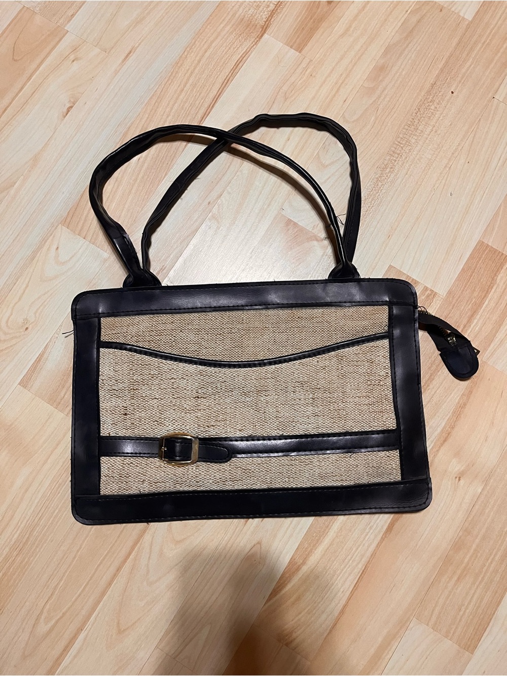 Vintage 70s Woven Handbag Bonnie International Black Tan